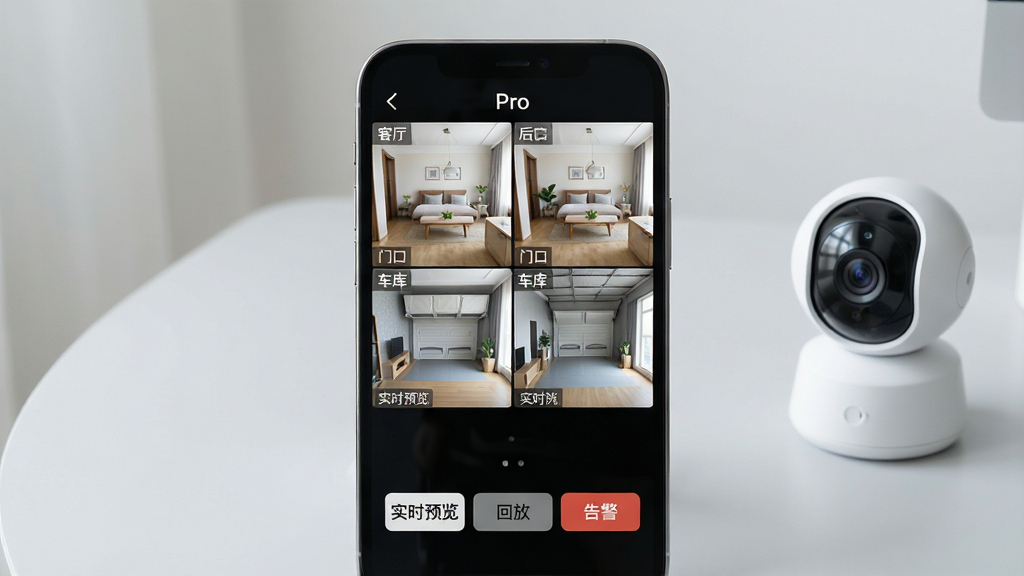 一张展示小眯眼Pro软件主界面的图片,画面中央是手机屏幕,屏幕内显示四宫格监控画面,每个格子标注