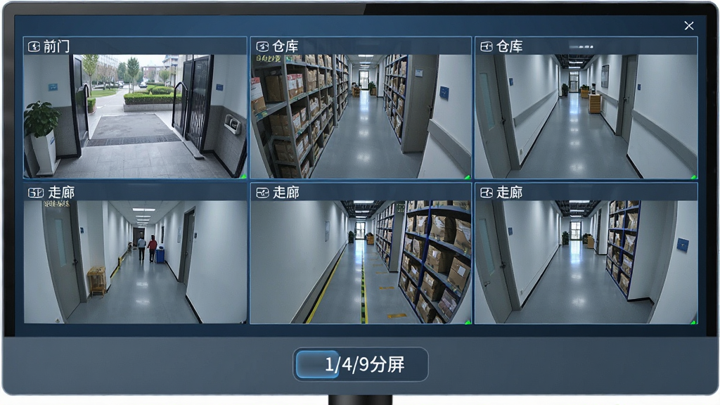 一张展示小眯眼Pro多路预览功能的图片,画面主体为一块横向大屏幕,屏幕上整齐排列着九个监控画面小窗口,每个窗口都有不同场景如