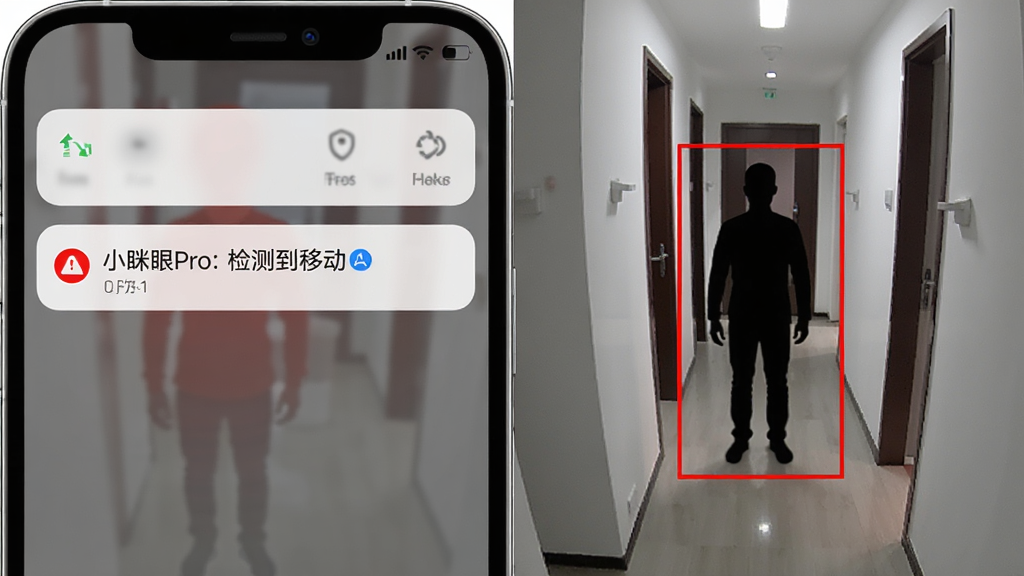 一张展示小眯眼Pro移动侦测告警功能的图片,画面左侧是手机通知栏弹出
