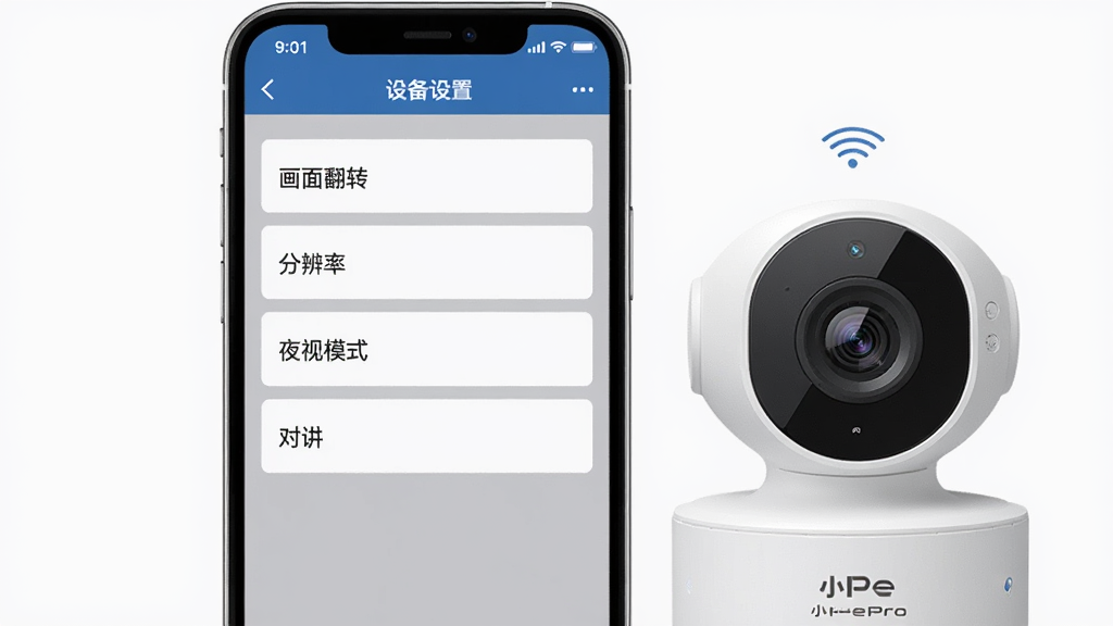 一张展示小眯眼Pro设备远程管理功能的图片,画面中央是一部手机,手机屏幕上显示设备设置菜单,菜单项包括