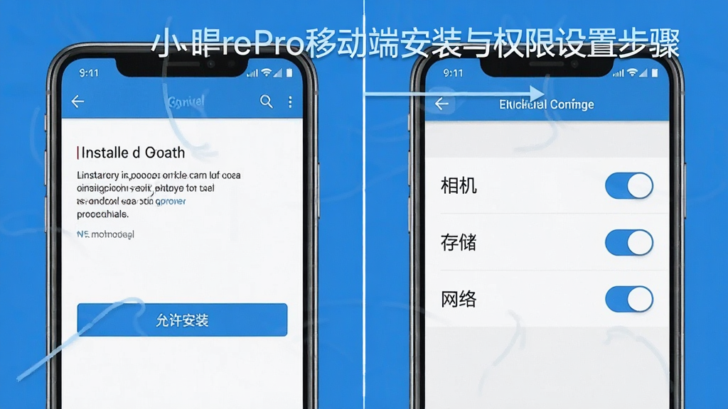 一张展示小眯眼Pro移动端安装与权限设置步骤的图片,画面分为左右两部分,左侧是手机安装界面显示