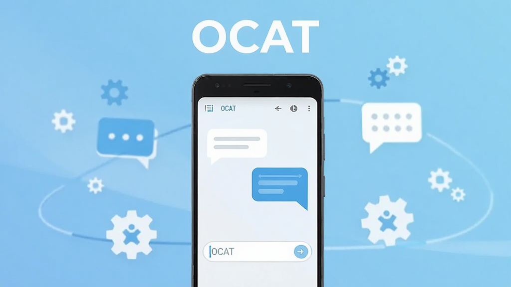 画面中央放置一部安卓手机,手机屏幕显示 OCAT 应用主界面,界面中有对话气泡与输入框,背景为浅蓝色渐变,手机周围环绕简洁的聊天气泡图标与齿轮图标,整体采用扁平化科技风格,细节清晰,画质干净,无多余元素,图片上方文字标注