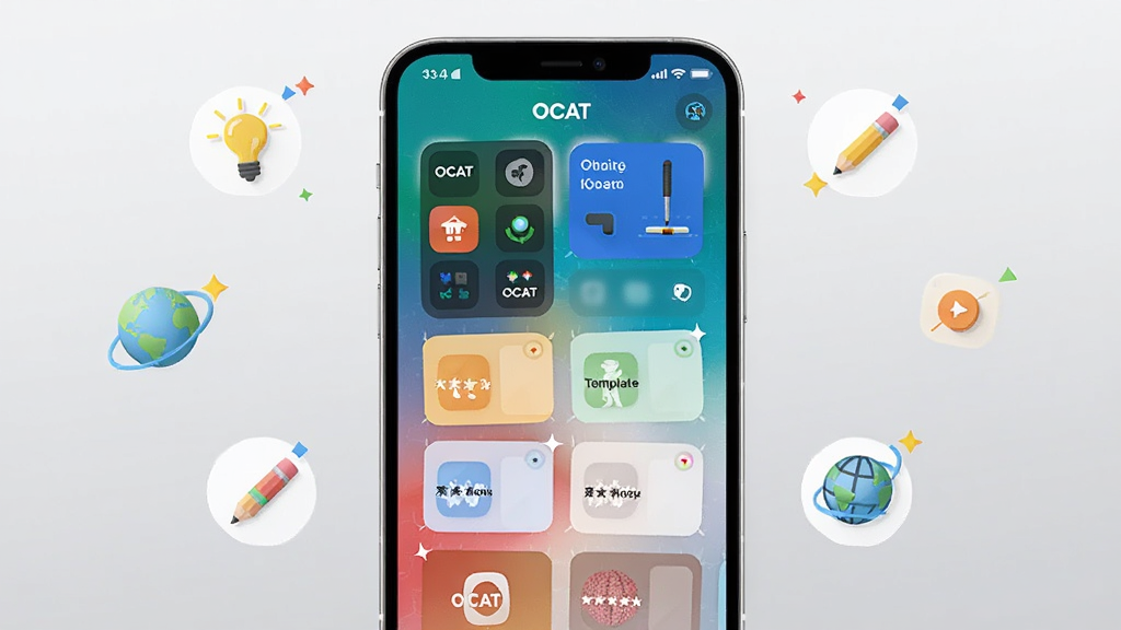 画面中央为一部手机,屏幕显示 OCAT 的快捷指令列表与模板卡片,卡片以圆角矩形排列,背景为浅灰渐变,周围漂浮少量图标如灯泡、铅笔、地球,整体为扁平化 UI 展示风格,细节清晰,画质干净,无多余元素,画面中文字标注
