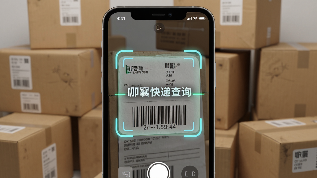 快递查询扫码查询功能界面,手机摄像头对准快递面单条形码,屏幕中央显示扫描框和快递查询文字标识,背景为快递包裹堆叠场景,布局为居中扫描框,风格为科技感写实,细节包括扫描光线和面单纹理,画质高清,干净,无多余元素