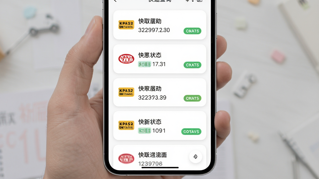 快递查询应用主界面截图,画面中展示多个快递单号卡片整齐排列,每张卡片显示快递公司图标和最新物流状态,背景为白色,布局为垂直列表,风格为清新简约,细节包括彩色状态标签和圆角边框,画质清晰,干净,无多余元素