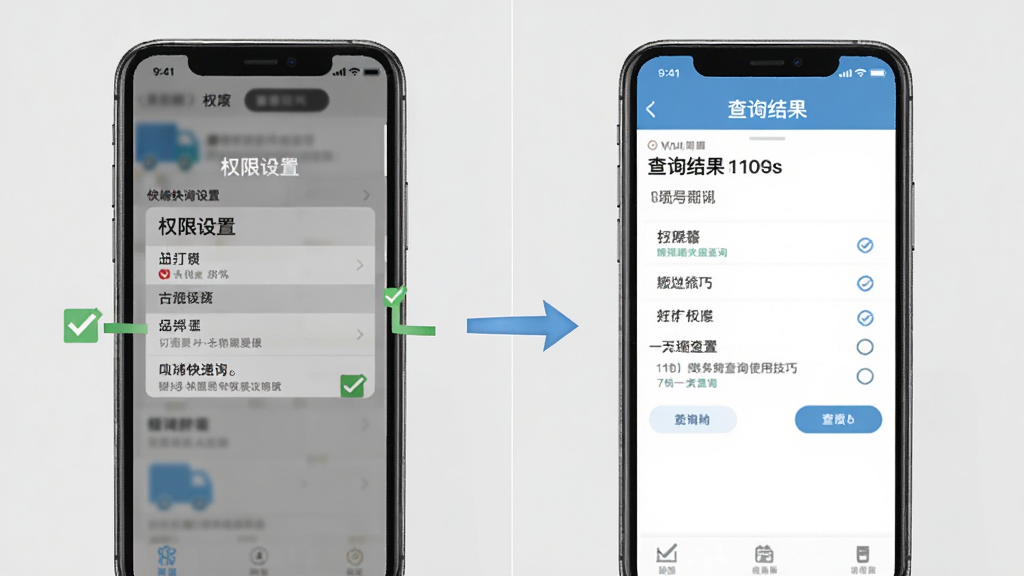 快递查询使用技巧示意图,手机屏幕展示权限设置页面和查询结果页面并排对比,背景为浅灰色,布局为左右分栏,风格为教程图解,细节包括勾选标记和箭头指示,画质清晰,干净,无多余元素