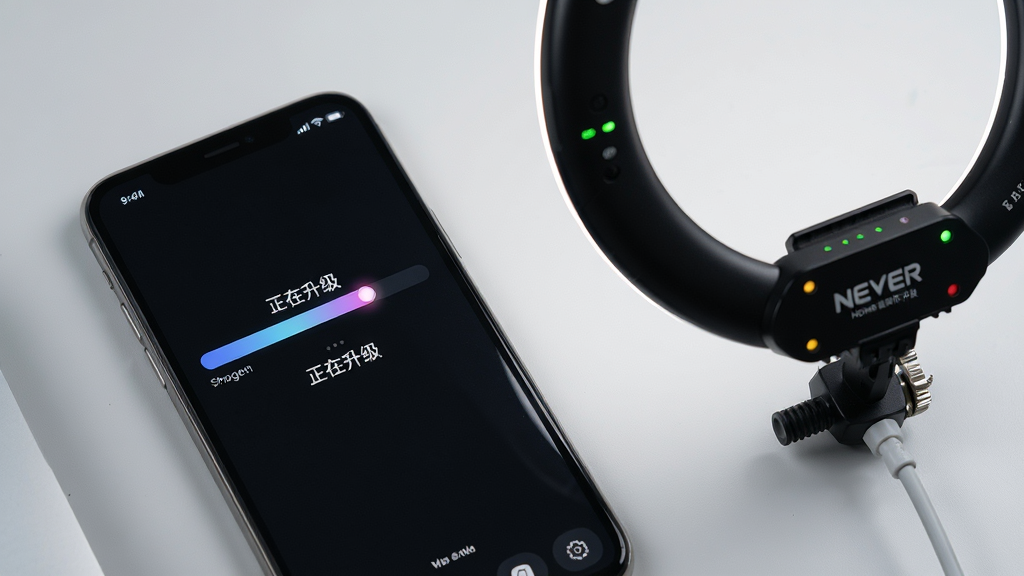 一张展示NEEWER Home固件升级过程的手机截图风格图,画面中手机屏幕显示进度条和“正在升级”字样,手机旁边放置着一台纽尔补光灯设备,背景为简洁的浅灰色桌面,风格为科技极简,细节上突出进度条的渐变效果和设备指示灯,画质清晰,干净,无多余元素