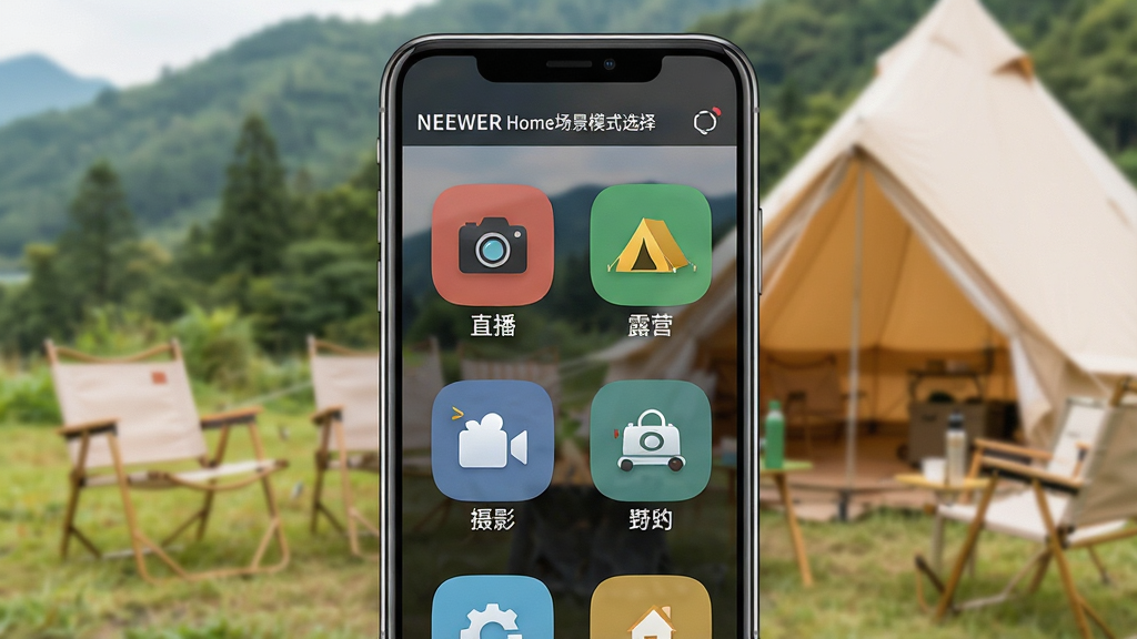 一张展示NEEWER Home场景模式选择界面的示意图,画面中手机屏幕上排列着多个场景模式图标,如“直播”“摄影”“露营”等,图标下方有简短的文字说明,手机背景是虚化的户外露营场景,风格为清新明亮,细节上突出图标的色彩区分和文字可读性,画质清晰,干净,无多余元素