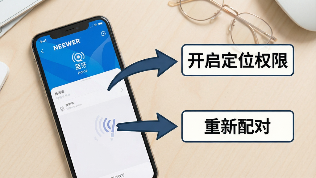 一张展示NEEWER Home连接故障排查步骤的示意图,画面中一部手机显示蓝牙设置界面,旁边有箭头指向“开启定位权限”和“重新配对”的文字提示,背景为简洁的浅色桌面,风格为教程图解,细节上突出箭头指向和文字框,画质清晰,干净,无多余元素