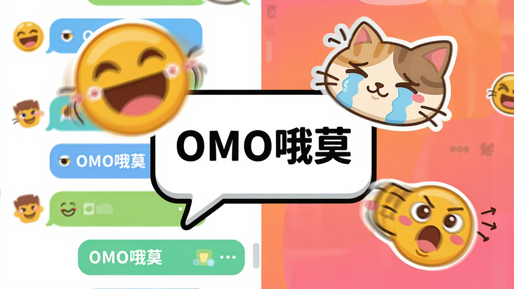 一个明亮的卡通风格聊天界面,画面中央是“OMO哦莫”的对话框,对话框旁边漂浮着几个夸张搞笑的动态表情贴纸,如大笑脸、流泪猫猫头等。布局为左右分栏的聊天记录展示。排版错落有致,强调表情的动感。风格为扁平化插画风,色彩明快鲜艳。细节上表情带有轻微的运动模糊效果。画质干净整洁,无多余杂乱元素。