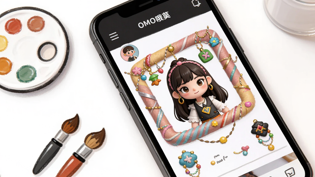 一部手机展示“OMO哦莫”的个人主页装扮界面,画面主体是手机屏幕,屏幕内显示一个被精心装饰的虚拟形象主页,带有各种颜色的皮肤边框和挂件。布局为手机斜放,旁边散落着调色盘和画笔图标。排版突出个性化元素。风格为清新手绘风,细节表现装扮部件的质感。画质明亮,背景干净。