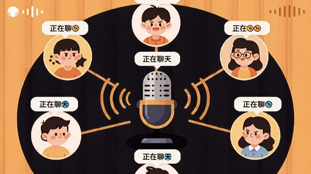 画面展示“OMO哦莫”的实时互动房间界面,多个卡通头像围绕在一个虚拟麦克风周围,头顶有“正在聊天”的标识。布局为圆形环绕式构图。排版上强调互动的连接线。风格为现代扁平插画,色彩以暖色调为主。细节上体现声音的波纹效果。画质清晰,无杂乱背景。