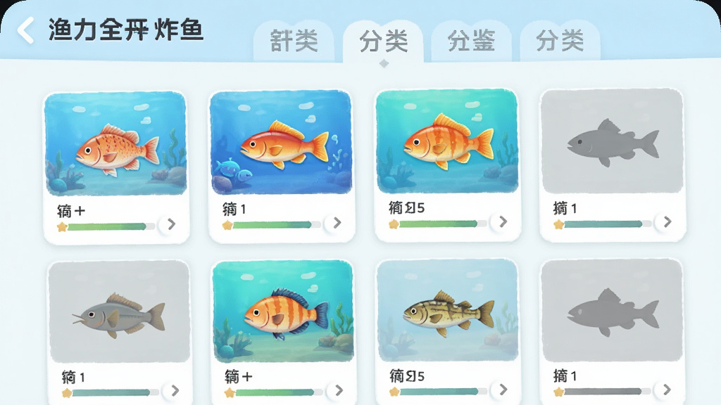 手机界面展示“渔力全开炸鱼”鱼类图鉴页面,网格状排列多种鱼类卡片,部分卡片已点亮彩色,部分为灰色剪影,顶部有分类标签,整体布局整齐,清新浅色风格,细节包含鱼类图标与进度条,画质清晰,干净,无多余元素