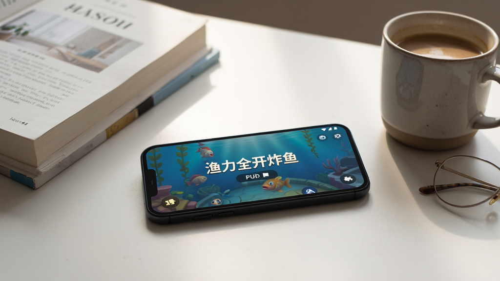 手机放在桌面,屏幕显示“渔力全开炸鱼”游戏暂停界面,周围有书本和咖啡杯,场景为居家休闲氛围,主体为手机屏幕,布局自然,生活化摄影风格,细节有柔和光影,画质清晰,干净,无多余元素