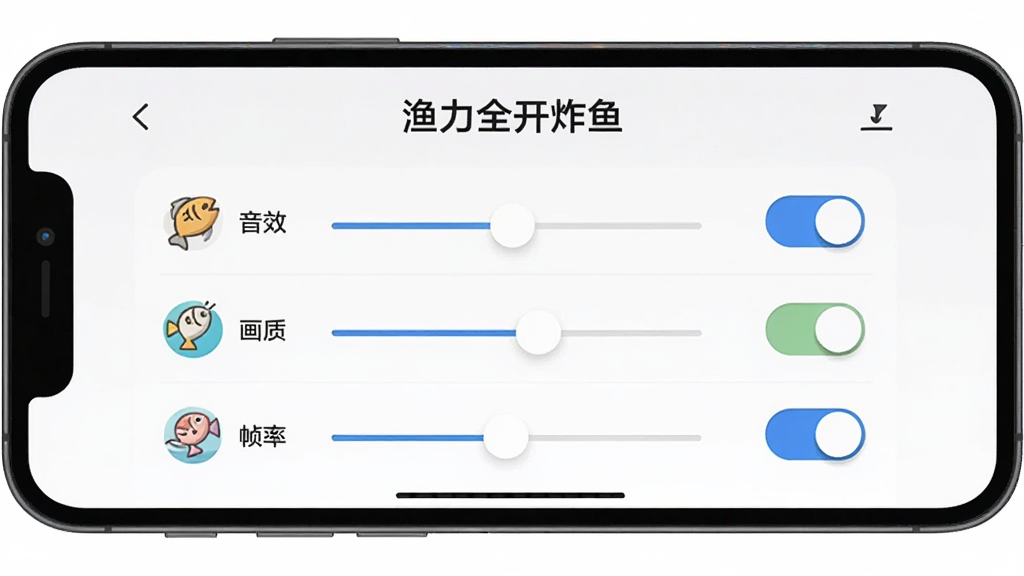 手机屏幕显示“渔力全开炸鱼”设置界面,包含音效、画质、帧率等开关选项,界面简洁,布局清晰,扁平化设计风格,细节有图标与滑块,画质清晰,干净,无多余元素