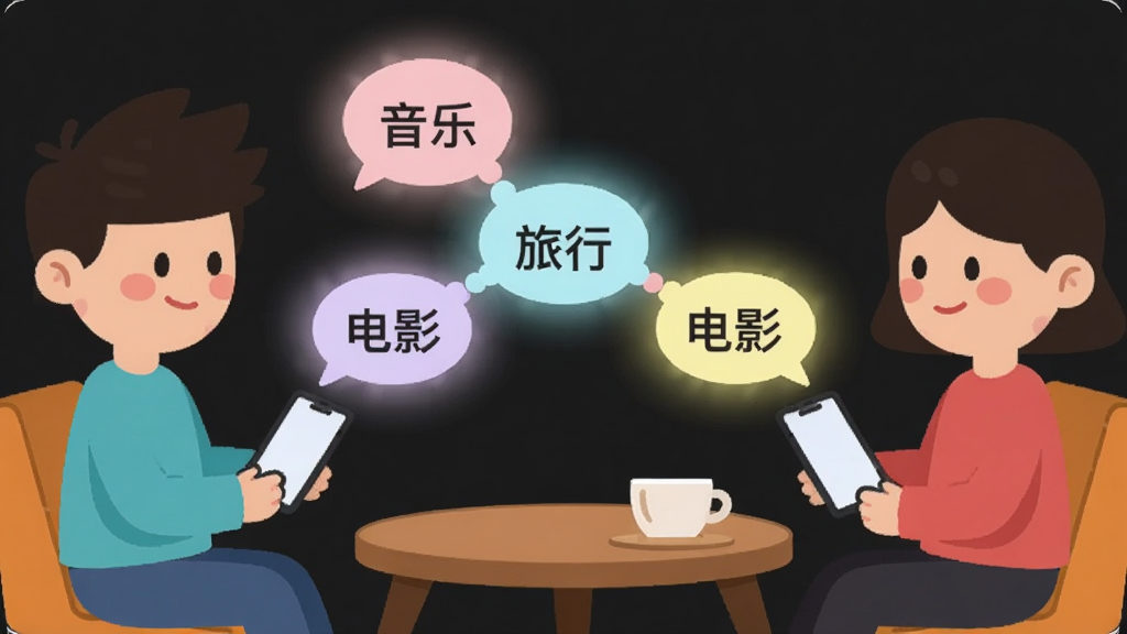 画面主体为两个卡通人物坐在咖啡桌两侧,各自手机屏幕投射出相同的兴趣标签如“音乐”“旅行”“电影”,标签以发光气泡形式相连,布局左右对称,风格扁平化插画,细节上气泡带有柔和光晕,画质干净,无多余元素