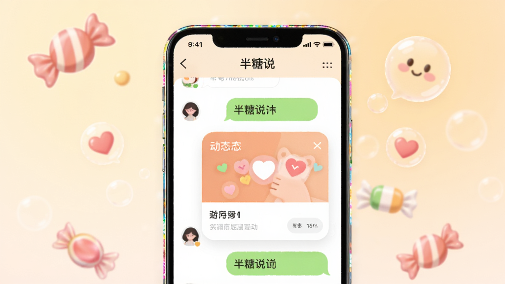 画面中央放置一部智能手机,手机屏幕上显示“半糖说”APP的聊天界面和动态卡片,背景为柔和的暖色调渐变,周围点缀糖果、气泡和心形图标,整体布局简洁明快,风格清新治愈,细节上手机边缘有轻微反光,画质清晰干净,无多余元素