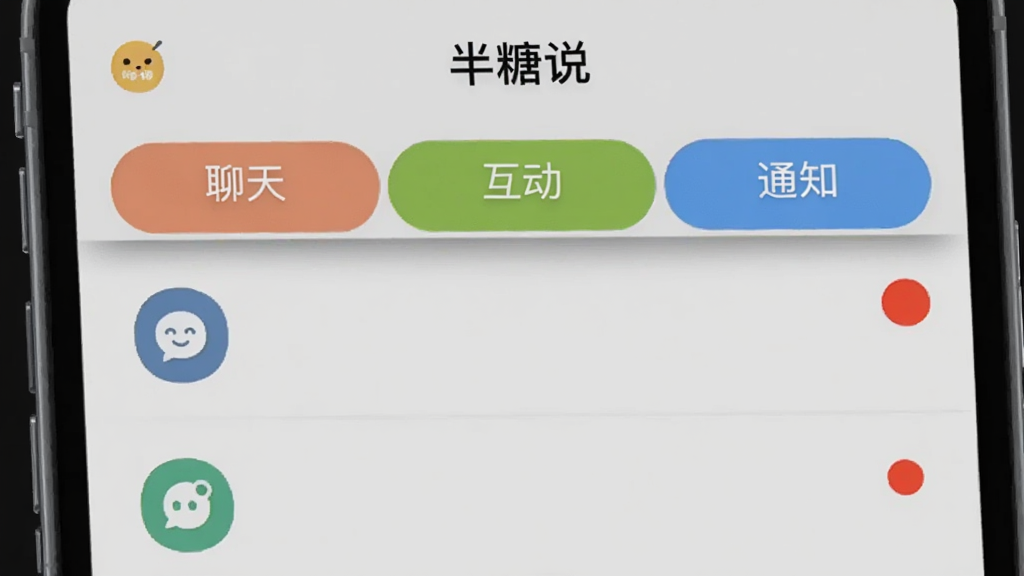 画面为手机界面截图风格,屏幕中显示“半糖说”消息列表,分为“聊天”“互动”“通知”三个彩色标签栏,每个标签下有对应图标和未读红点,布局整齐,风格简约现代,细节上标签栏有轻微阴影,画质干净,无多余元素