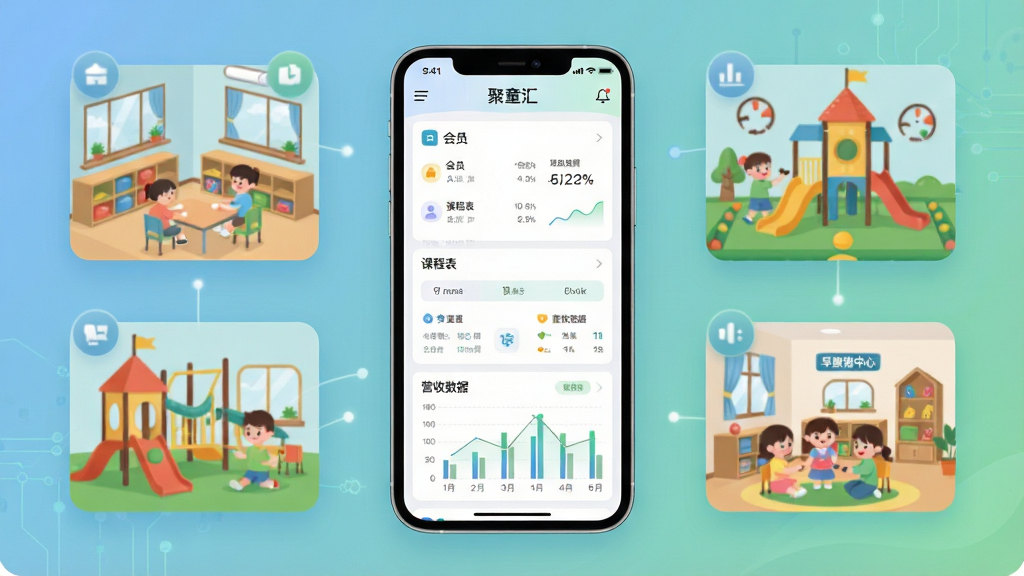 一张展现聚童汇商家端软件核心功能的场景图,画面中心是一部智能手机,屏幕显示聚童汇商家端后台管理界面,包含会员列表、课程表、营收数据图表等模块,手机周围环绕着幼儿园教室、儿童乐园和早教中心等场景元素,布局采用居中对称排版,风格为现代扁平化科技商务风,细节包含柔和的蓝绿色调渐变背景、圆角图标和清晰的数据可视化图形,画质为4K超高清,画面干净整洁,无多余装饰元素