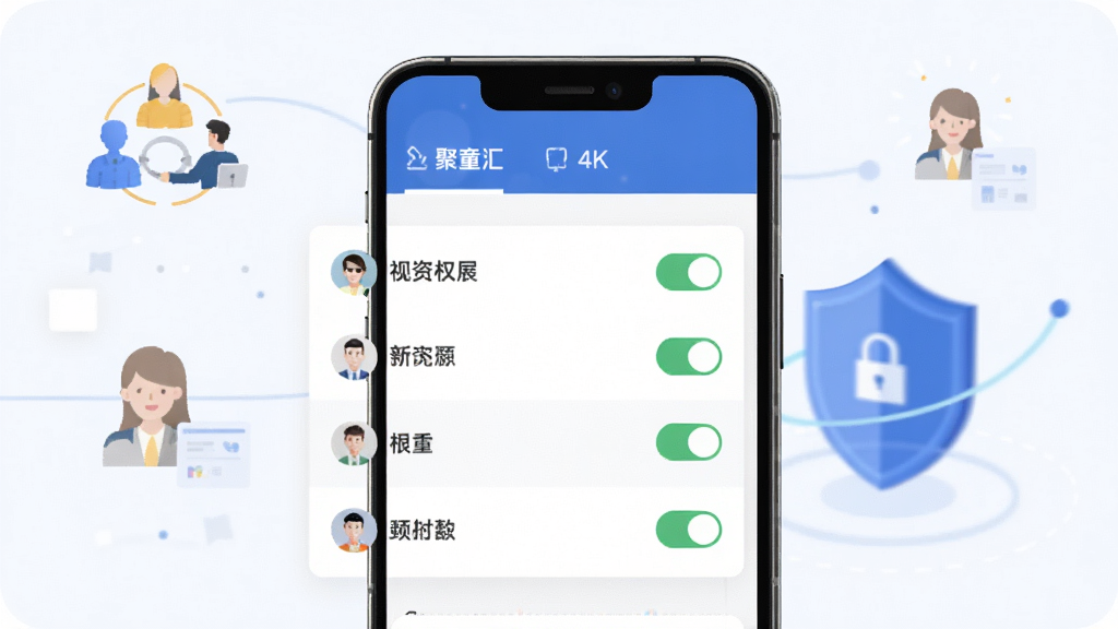 聚童汇商家端多角色权限管理界面,画面展示手机屏幕上的权限勾选列表,背景为抽象的团队协作图标和盾牌安全符号,布局采用左右分栏式,风格为简约商务扁平风,细节包含清晰的开关按钮和角色头像,画质为4K超高清,画面干净利落