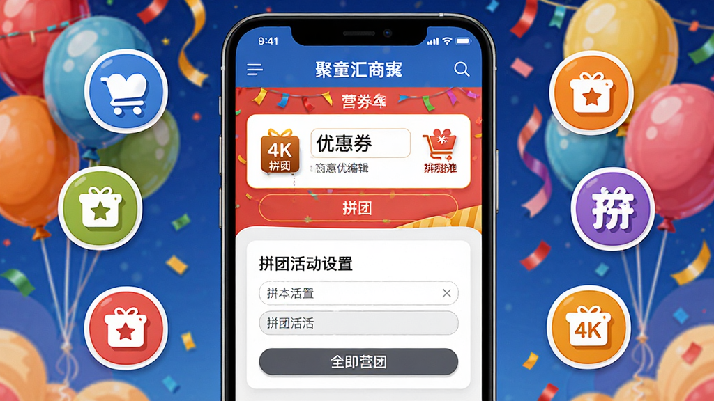 聚童汇商家端营销活动配置界面,手机屏幕展示优惠券编辑页面和拼团活动设置,背景为节日氛围的彩色气球和彩带,布局采用手机居中、周围环绕营销图标,风格为活泼喜庆的插画风,细节包含清晰的按钮和输入框,画质为4K超高清,画面干净整洁
