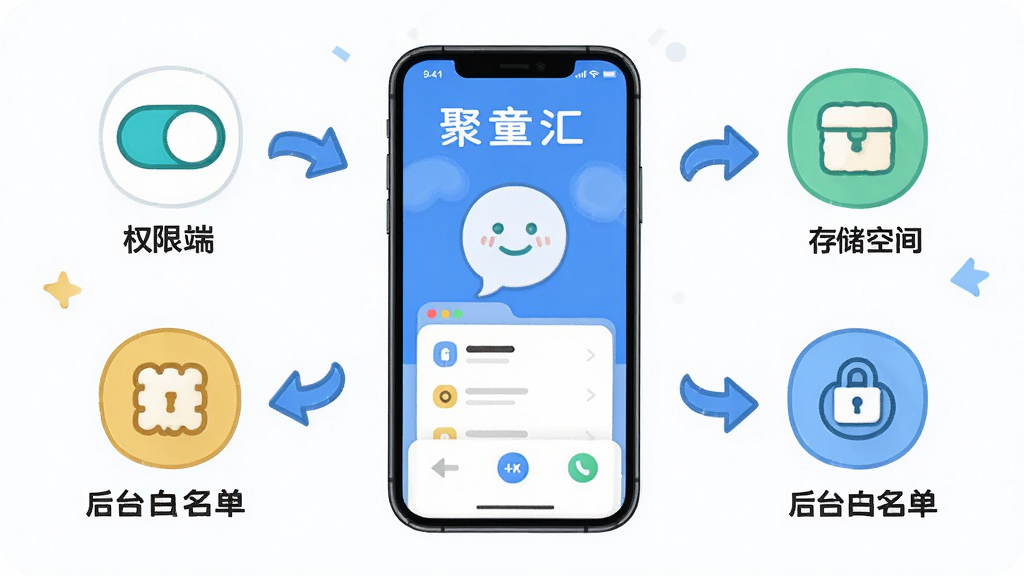 聚童汇商家端新手安装设置流程图,画面以手机屏幕为中心,周围环绕设置选项图标如权限开关、存储空间、后台白名单等,布局采用步骤式引导排版,风格为简洁明快的教程插画风,细节包含清晰的箭头指示和文字标注,画质为4K超高清,画面干净无杂乱元素