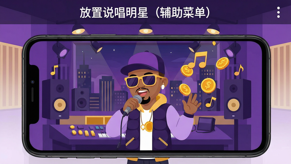 手机屏幕中显示一个卡通说唱歌手在录音棚里创作,旁边有金币和音符不断飘出,背景是城市夜景,画面风格为扁平化插画,色彩以紫色和金色为主,屏幕上方显示