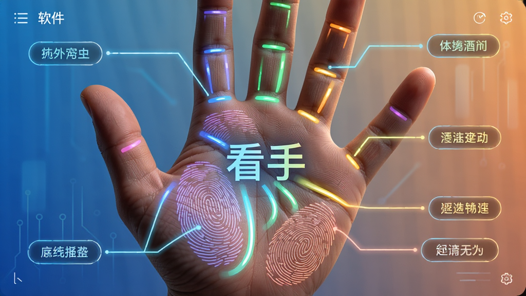 一只手掌特写,掌纹线条被高亮标注为不同颜色,画面中显示