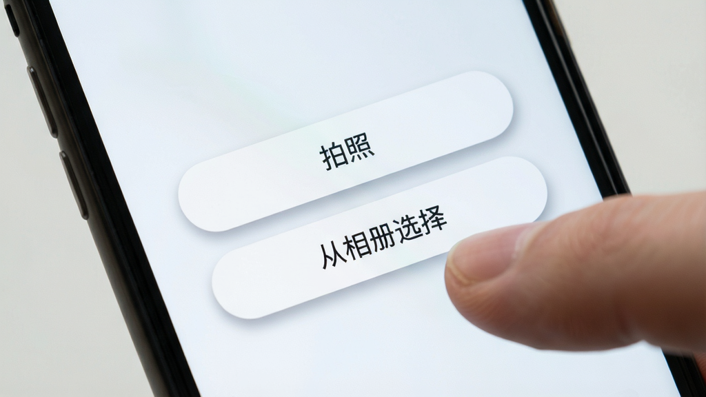一部手机屏幕显示看手应用的选择图片来源界面,主体为手机,布局为屏幕中央弹出两个选项按钮
