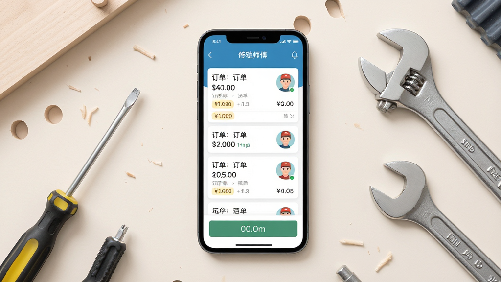一张手机屏幕展示修哒师傅版应用界面的场景图,画面中央是手机竖屏,屏幕上显示订单列表和抢单按钮,背景为简洁的浅色家居维修工作台,旁边放置螺丝刀和扳手等工具,整体布局为手机居中、工具环绕、留白充足,风格为现代扁平化UI展示,细节包括订单卡片、价格标签、师傅头像,画质清晰、干净、无多余元素