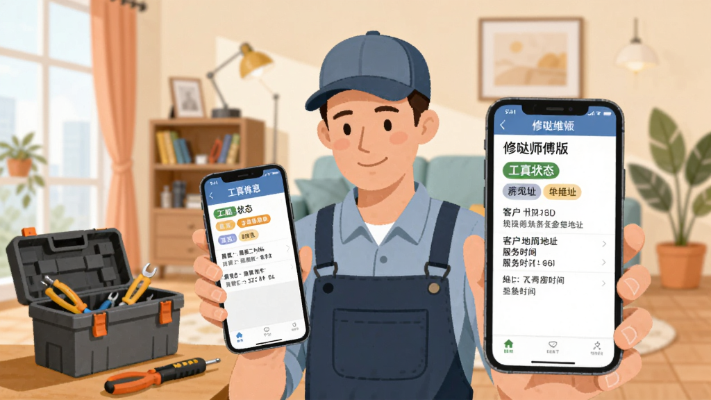 一幅展示手机维修师傅使用修哒师傅版接单的场景插画,画面主体是师傅在客户家中查看手机上的工单详情,背景为家居环境,布局为人物居中、手机屏幕面向观众、周围有工具箱元素,风格为写实扁平混合风,细节包括工单状态标签、客户地址、服务时间,画质清晰、干净、无多余元素