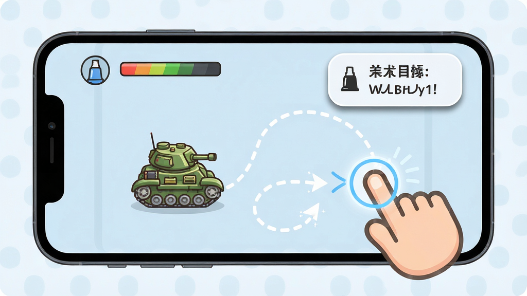 画线战车新手操作示意图,画面展示一部手机屏幕,屏幕上有一辆卡通战车和一条正在绘制的白色虚线,手指图标停留在屏幕上方,旁边有墨水余量指示条和关卡目标提示框,背景为简洁的浅色界面,主体为手机和游戏操作画面,布局为居中展示,排版清晰,风格为教程说明图,细节包括手指触控高亮圆圈、线条虚线动画效果、提示框圆角阴影,画质干净明亮,无多余元素