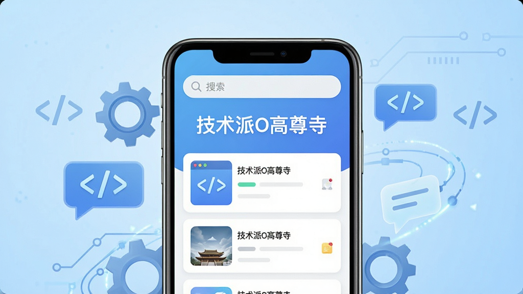 画面中央放置一部智能手机,屏幕亮起显示“技术派O高尊寺”应用主界面,界面排版整洁,上方有搜索栏,下方为卡片式内容列表,周围环绕着齿轮、代码符号、聊天气泡等科技元素,背景为浅蓝色渐变,整体风格简洁现代,细节清晰,画质干净,无多余元素