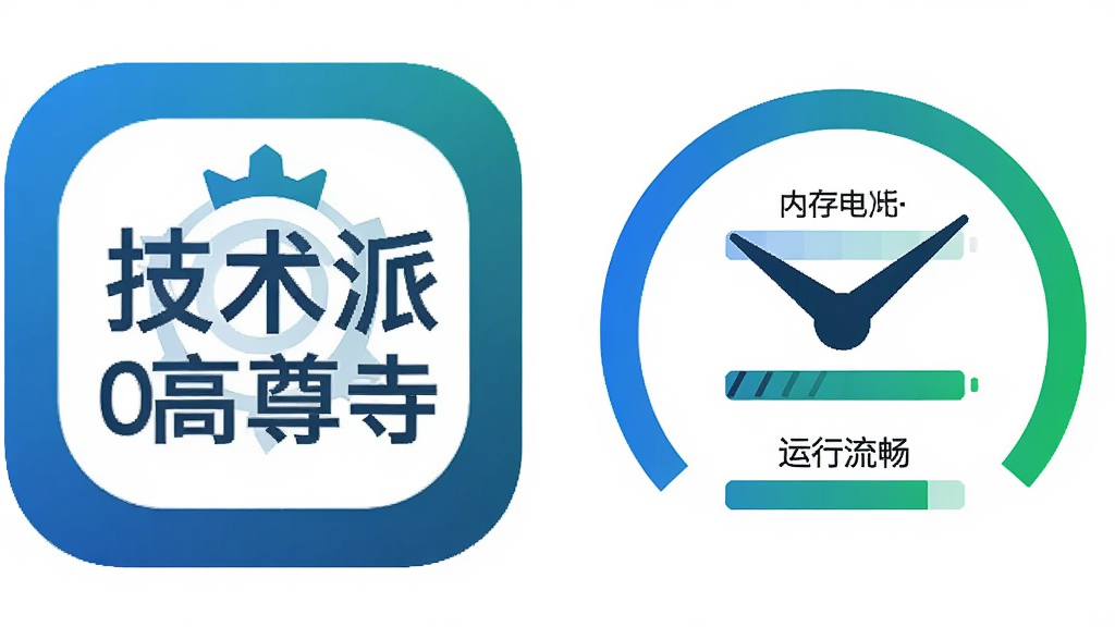 一张手机性能对比示意图,左侧显示“技术派O高尊寺”应用图标,右侧用仪表盘形式展示内存占用低、耗电少、运行流畅三项指标,背景为纯白色,图表颜色以蓝绿为主,风格商务简洁,画质干净,无多余元素