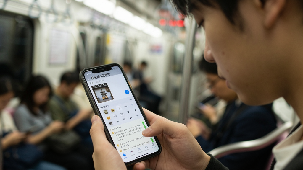 一位年轻人在通勤地铁上使用手机阅读“技术派O高尊寺”应用,屏幕显示收藏夹和笔记界面,周围环境虚化处理,突出手机屏幕内容,光线柔和,风格写实,画质清晰,无多余元素