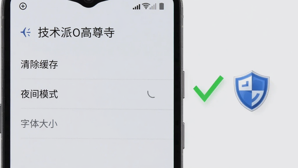 一部安卓手机屏幕显示“技术派O高尊寺”的设置界面,界面中包含“清除缓存”“夜间模式”“字体大小”等选项,旁边放置一个勾选标记和盾牌图标,背景为浅灰色,风格简洁明快,画质清晰,无多余元素