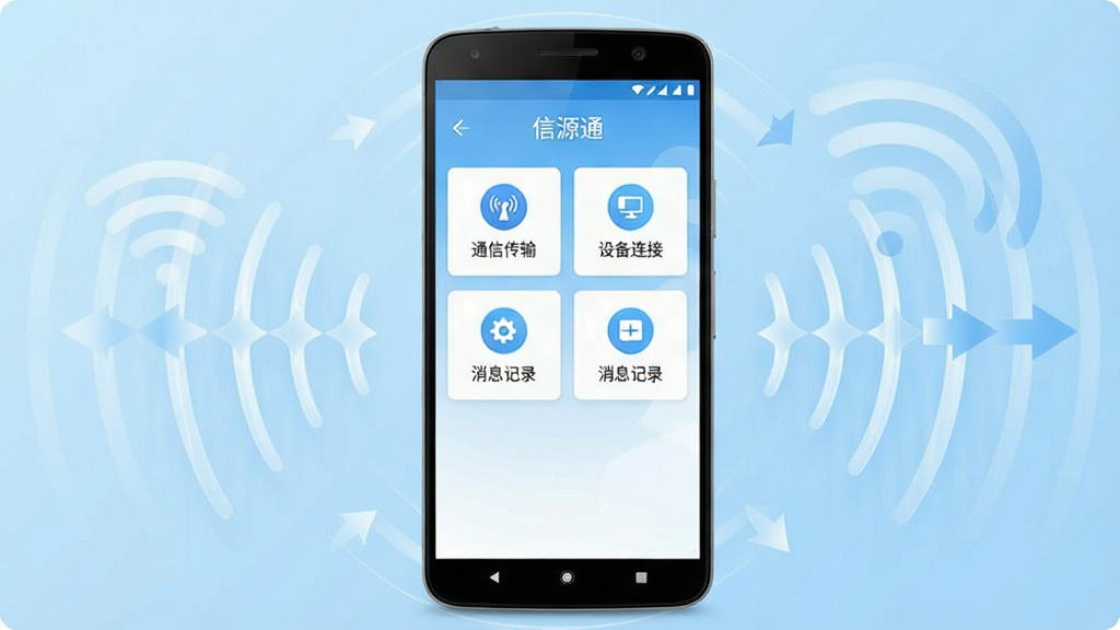 一张展示信源通应用整体界面的手机预览图,画面中央是一部安卓手机,屏幕显示信源通主界面,顶部有应用名称“信源通”,中间排列着通信传输、设备连接、消息记录等功能模块图标,界面风格简洁清爽,背景为浅蓝渐变,周围环绕着信号波纹和传输箭头元素,整体构图居中,画质清晰干净,无多余装饰元素