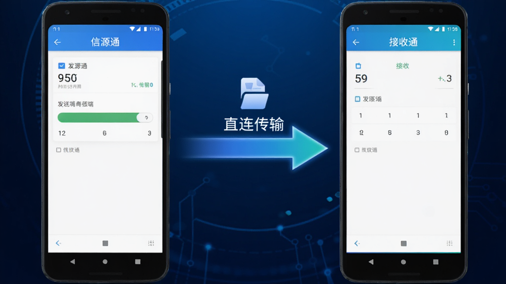 两部安卓手机并排摆放,屏幕分别显示“信源通”的发送端和接收端界面,中间用一条发光的箭头线连接,箭头线上方有文件图标和“直连传输”字样,背景为深蓝色科技感渐变,画面风格简洁现代,画质清晰,无多余元素
