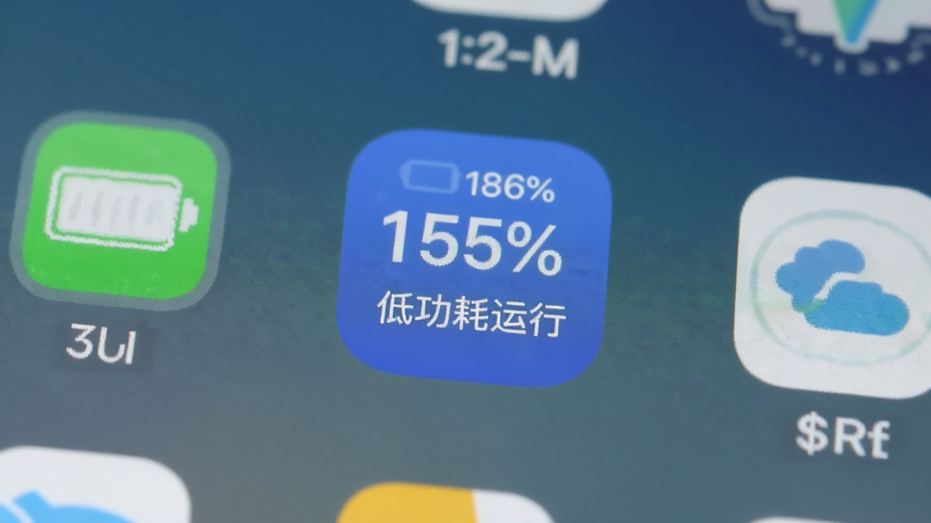 信源通应用图标位于手机桌面,周围有电池图标和信号图标,画面以手机屏幕为背景,显示电量百分比和“低功耗运行”字样,风格简洁明亮,画质清晰,无多余装饰