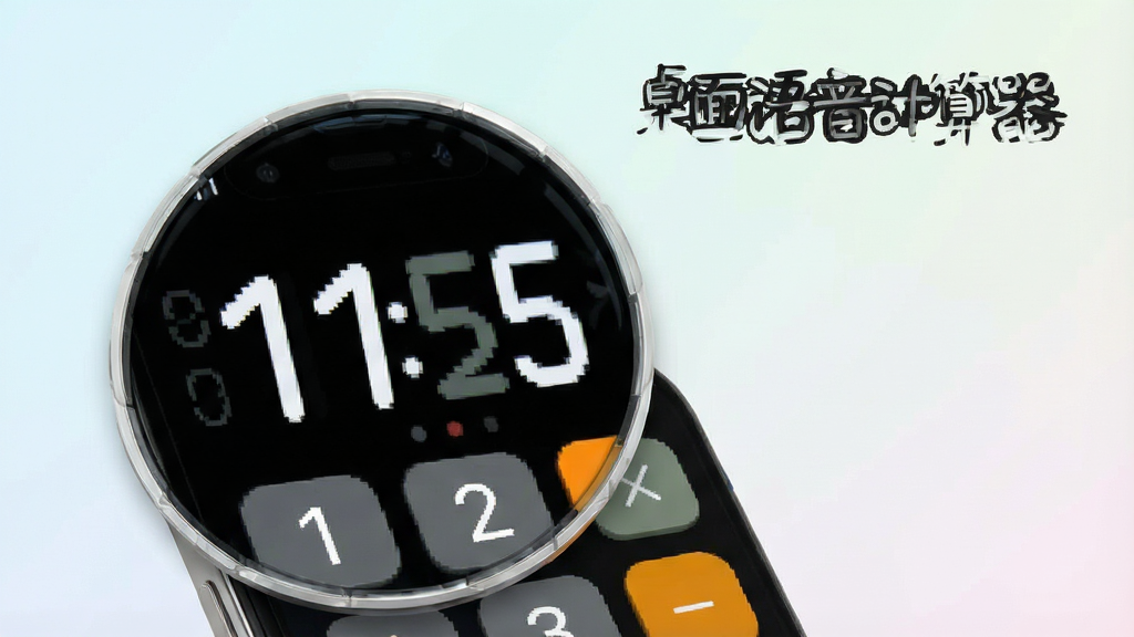 一张桌面语音计算器应用的功能展示图,画面中手机屏幕被放大展示,突出大号数字按键与高对比度显示效果,背景为简洁的渐变浅色,画面中带有“桌面语音计算器”文字标识,整体风格清新明亮,画质清晰干净