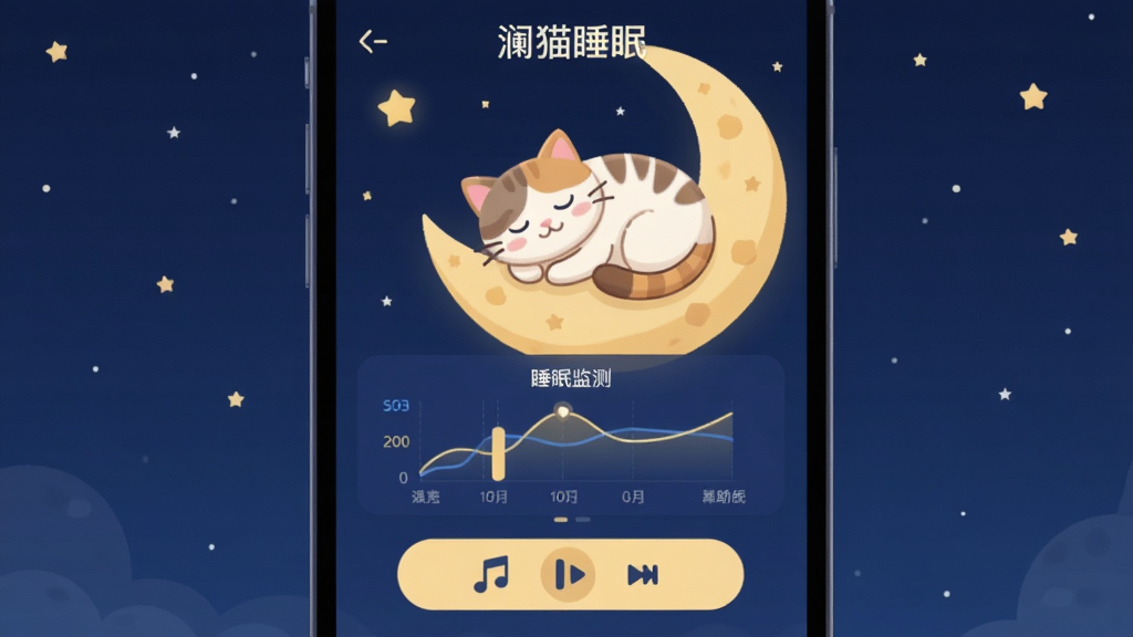 手机屏幕中显示澜猫睡眠应用主界面,夜晚星空背景,一只可爱的猫咪蜷缩在月亮上闭眼入睡,界面中央有睡眠监测数据图表和助眠音乐播放按钮,整体色调为深蓝与柔和的暖黄色,扁平化UI设计风格,画面干净整洁,文字标注“澜猫睡眠”,高质量插画风格,无多余元素