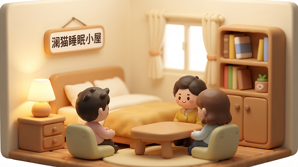 一个温馨的虚拟房间场景,房间内有床、台灯和书架,几位用户头像以卡通形象围坐交流,墙上挂着“澜猫睡眠小屋”标牌,整体色调暖黄,风格简约可爱,画面干净,细节清晰