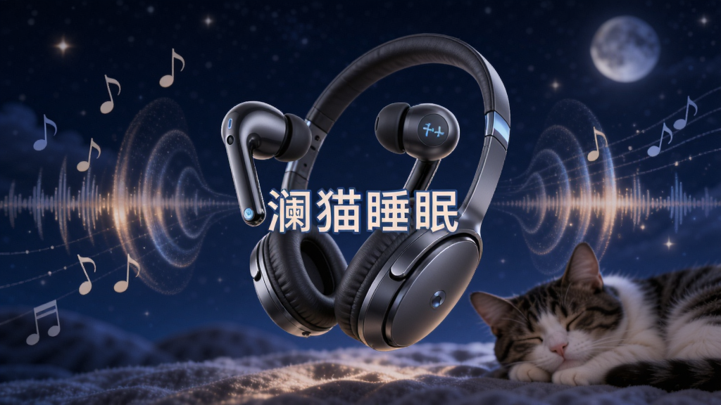 一副无线耳机悬浮在空中,周围环绕着声波纹理和音符,背景是深蓝色的夜空与安睡的猫咪,画面中央有“澜猫睡眠”字样,科技感与温馨感结合,细节丰富,画质清晰,无多余装饰