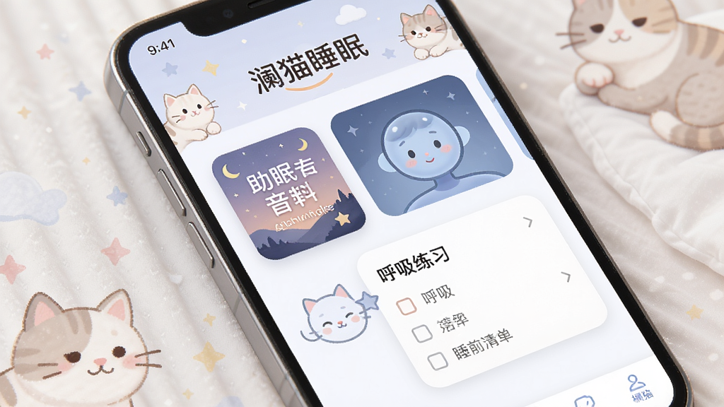 手机屏幕显示澜猫睡眠个性化推荐页面,页面中有助眠音乐专辑封面、呼吸练习动画和睡前清单,背景有猫咪图案装饰,文字标注“澜猫睡眠”,UI风格清新柔和,画质细腻,无多余元素