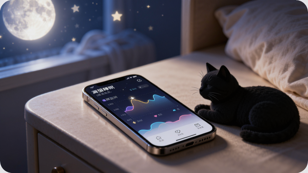 手机放置在床头柜上,屏幕显示澜猫睡眠的睡眠监测曲线图,周围有柔和的月光和星星,一只猫咪剪影趴在手机旁,画面风格温馨治愈,文字标注“澜猫睡眠”,高清画质,干净无杂乱元素