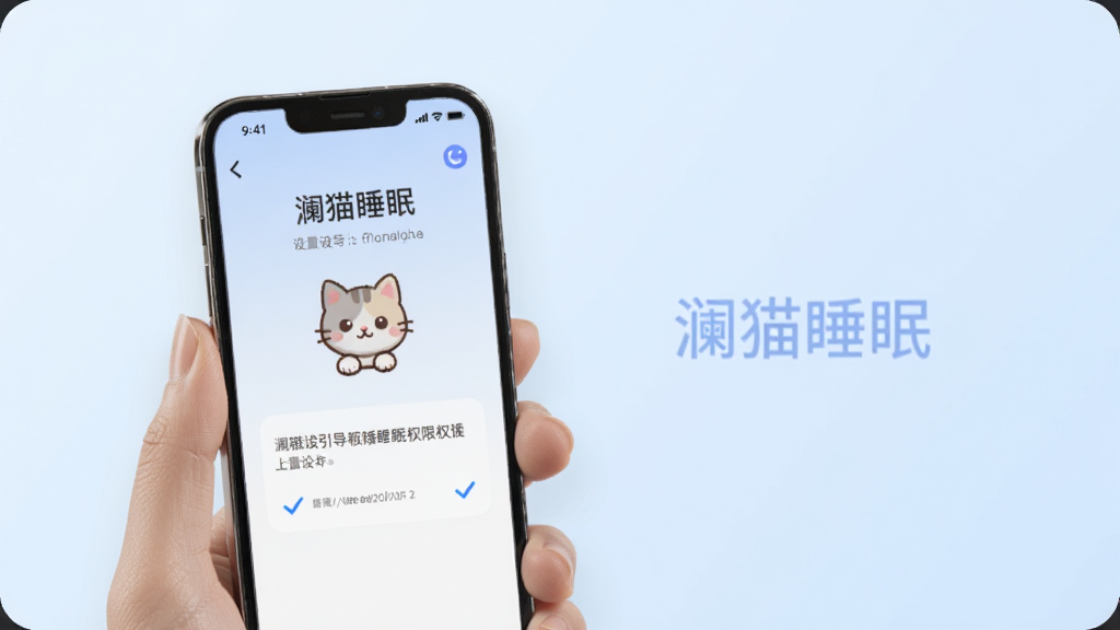 一只手拿着手机,屏幕显示澜猫睡眠的权限设置引导页面,旁边有勾选标记和猫咪图标,背景是淡蓝色渐变,画面简洁明了,文字标注“澜猫睡眠”,高清质感,无多余元素