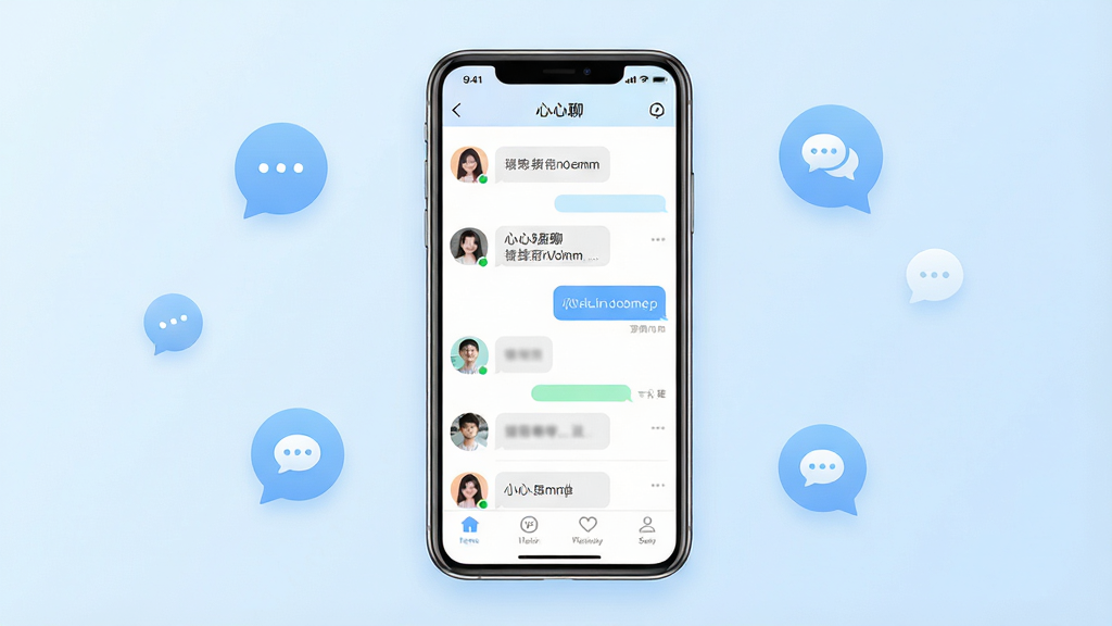 一张简洁明亮的手机应用界面展示图,画面中央放置一部现代智能手机,手机屏幕显示“心心聊”聊天列表界面,包含头像、消息气泡与底部导航栏,背景为柔和的浅蓝渐变,周围点缀几个圆形聊天气泡图标,整体风格清新干净,排版居中,画质清晰,无多余元素