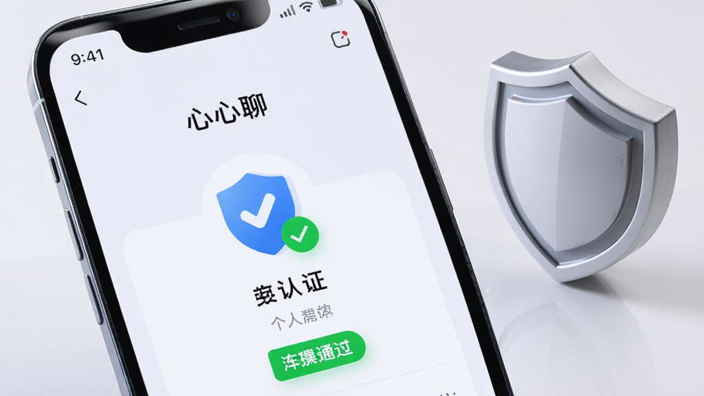一部手机屏幕特写,屏幕中显示“心心聊”个人资料认证页面,带有盾牌认证图标与绿色通过标识,背景为浅灰白色,画面右侧放置一个立体盾牌模型,风格简洁科技感,排版居中,画质干净清晰