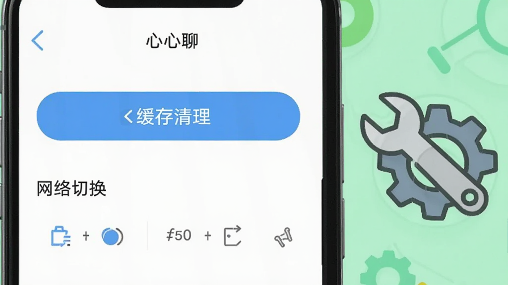 一部手机屏幕显示“心心聊”设置页面,包含缓存清理按钮与网络切换选项,背景为浅绿色调,画面右侧放置一个扳手与齿轮组合图标,风格实用简洁,排版居中,画质清晰无多余元素