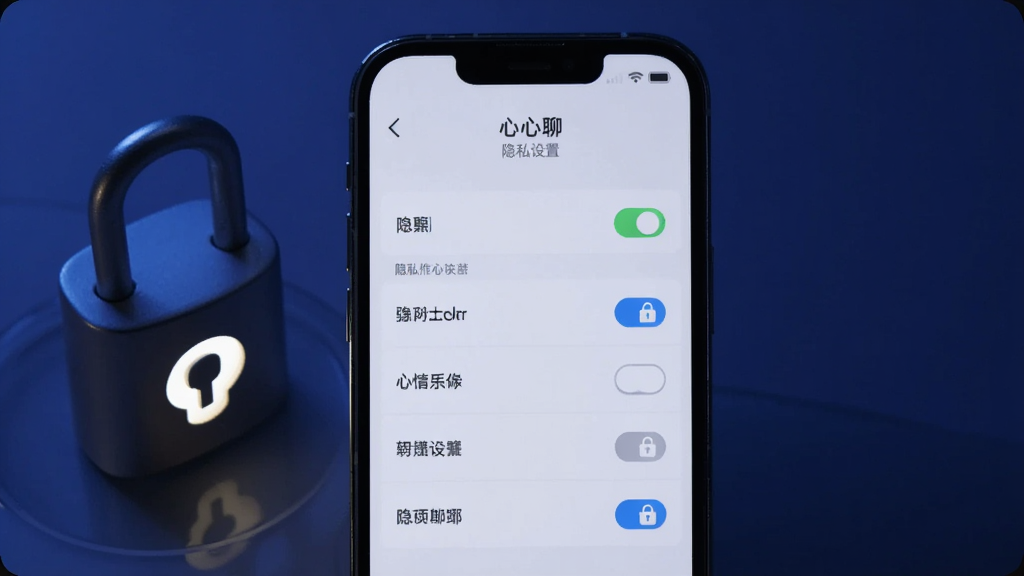 一部手机屏幕显示“心心聊”隐私设置页面,包含多个开关按钮与锁形图标,背景为深蓝色调,画面左侧放置一个发光的锁模型,风格安全稳重,排版居中,画质清晰干净